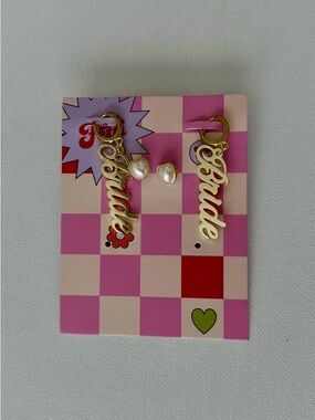 NWT Earring Set- Gold "Bride" Dangling Earrings with Pearl Heart Studs